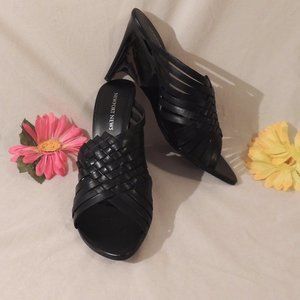 Black Leather Weave Front w/4" Wedge Skinny Heel